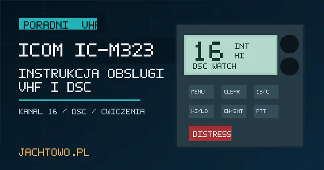 Ilustracja panelu radia Icom IC-M323 z kanałem 16 i przyciskiem DISTRESS