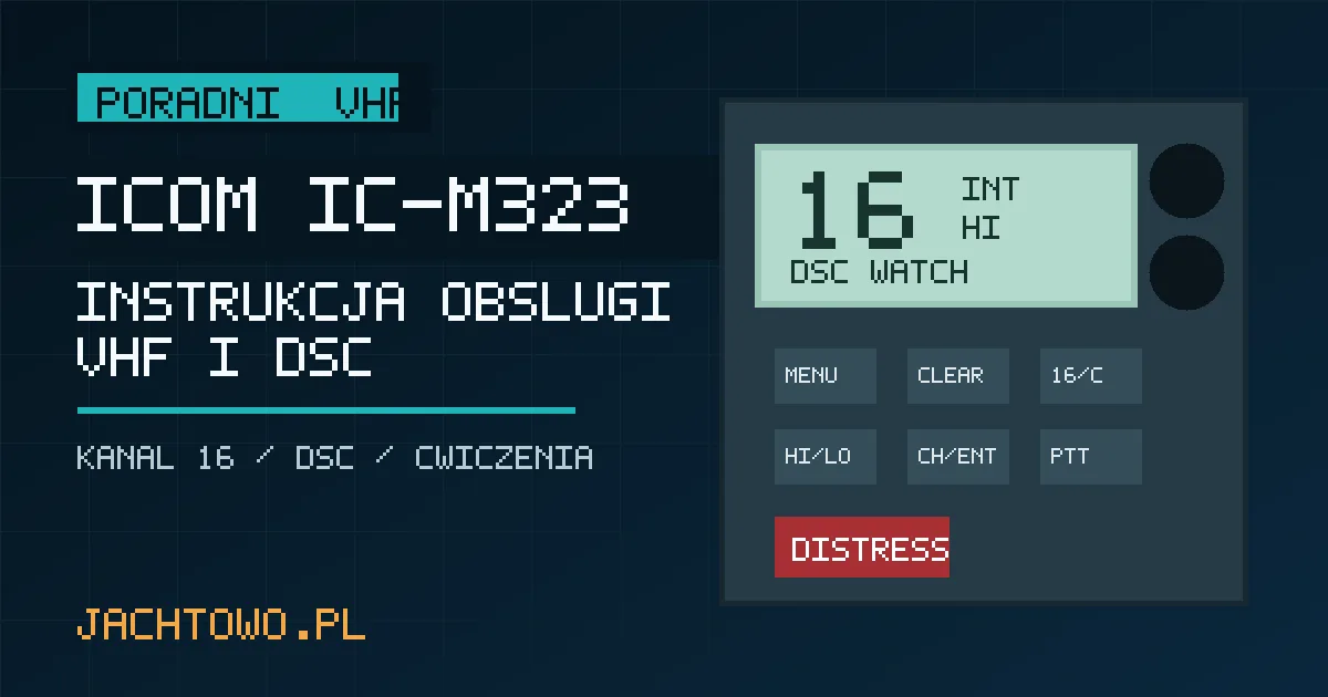Ilustracja panelu radia Icom IC-M323 z kanałem 16 i przyciskiem DISTRESS